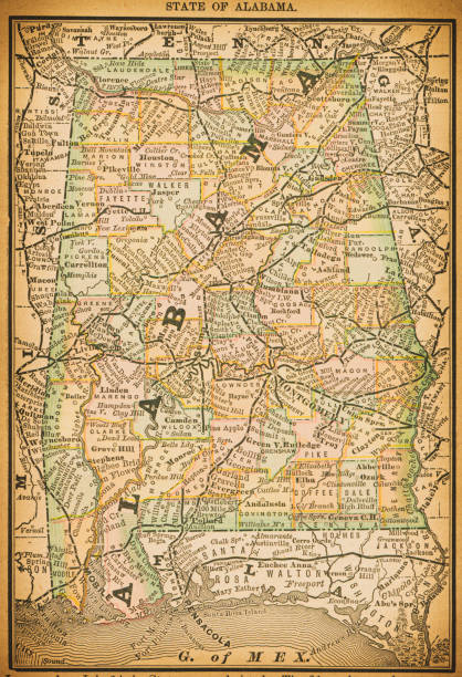 19th century map of State of Alabama 19th century map of State of Alabama. Published in New Dollar Atlas of the United States and Dominion of Canada. (Rand McNally & Co's, Chicago, 1884). alabama map stock illustrations