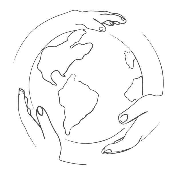 ilustrações de stock, clip art, desenhos animados e ícones de human hands holding the globe. line art - earth globe mother child