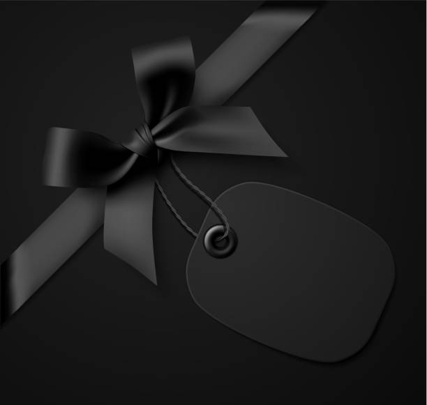 ilustraciones, imágenes clip art, dibujos animados e iconos de stock de arco de regalo negro con etiqueta negra sobre fondo negro - black ribbon gift bow