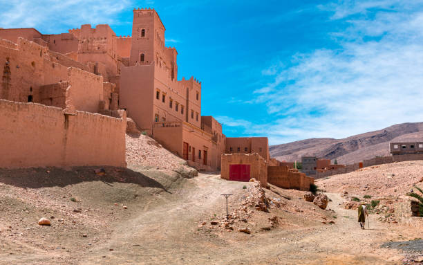 Daytime wide angle shoot of Adobe House Village in the Draa Valley, Morocco. stock photo