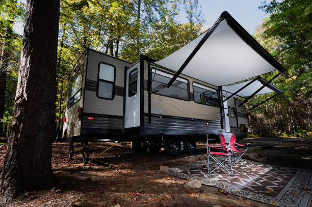 istock Travel trailer at camp with chairs waiting for visitors 1285631021