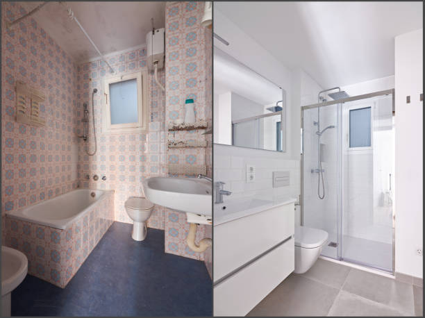 avant et après la rénovation de la salle de bains - salle de bain photos et images de collection
