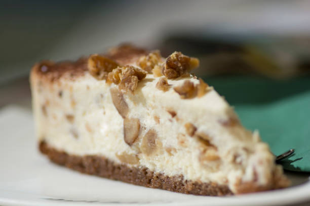 A slice of Ricotta cheesecake with chestnuts stock photo
