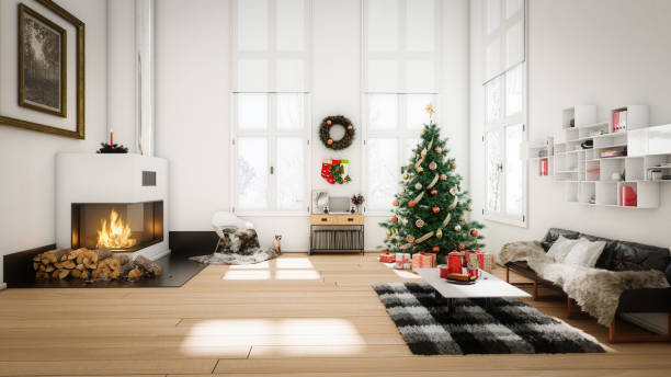 skandynawskie wnętrze domu z ozdobami świątecznymi - blinds apartment living room contemporary zdjęcia i obrazy z banku zdjęć