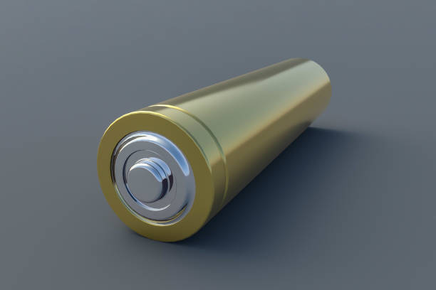 istock One glossy battery gold color aa or aaa size on gray background. Electricity and alternative energy cost concept . 3d rendering 1285634714