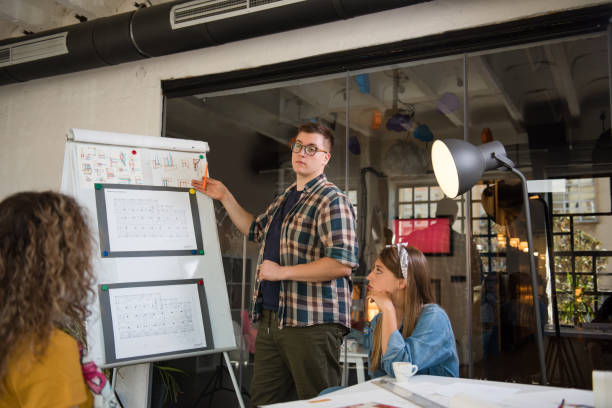 istock Young designer talking with his colleagues during the presentation 1285634926