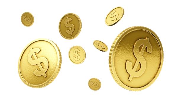 3d рендеринг золотых монет на белом фоне - валютный символ стоковые фото и изображения