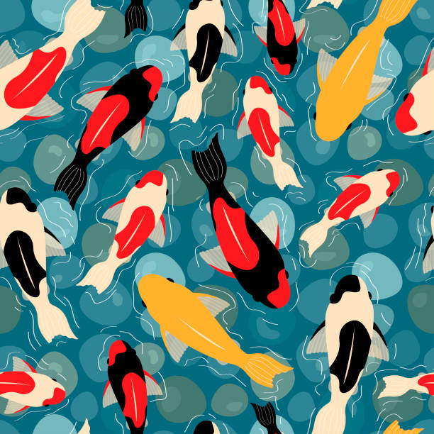 carps in the pond seamless pattern with koi carp fish and pebbles in a pond. colorful fish. Modern abstract design for background for packaging paper, cover, fabric, card bottom the weaver stock illustrations