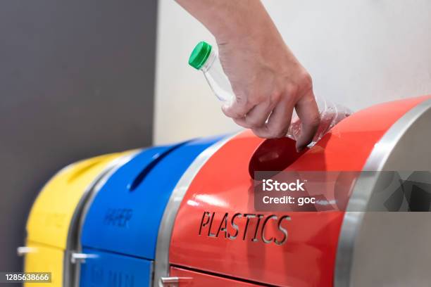 Adults Hand Putting Trash Into Recycling Bin Stock Photo - Download Image Now - Recycling, Recycling Bin, Office