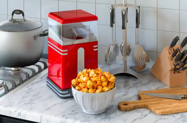 Photo of Popcorn maker on the kitchen table. 3D rendering