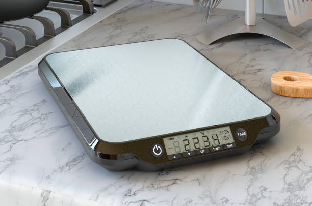 Digital kitchen scales on the kitchen table. 3D rendering Digital kitchen scales on the kitchen table. 3D rendering kitchen scale stock pictures, royalty-free photos & images