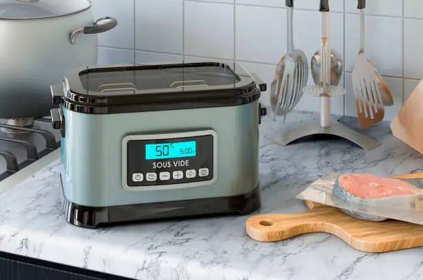 Photo of Sous vide machine on the kitchen table. 3D rendering