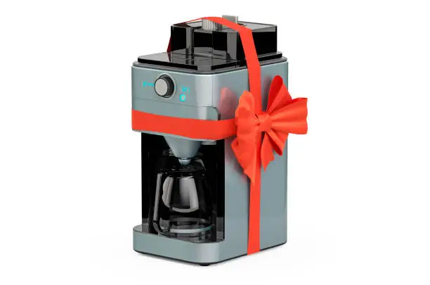 Modern Coffeemaker with ribbon and bow, gift concept. 3D rendering isolated on white background