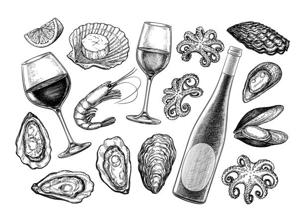 Ink sketch set of wine and seafood. Wine and seafood. Ink sketch collection isolated on white background. Hand drawn vector illustration. Retro style. shrimp prepared shrimp seafood vector stock illustrations