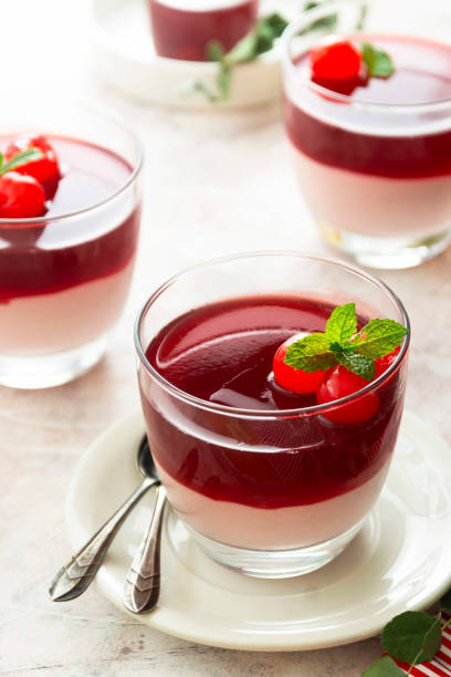 istock Panna cotta dessert with cherry on top in glass. Sweet dessert. 1285642559