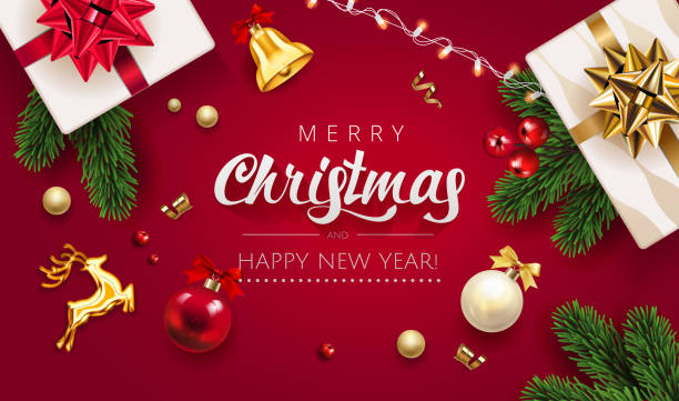 ギフトボックス、緑のモミの木の松の枝、赤いクリスマスボール、金色の鹿、ジングルベルとヒイラギのベリーとメリークリスマス赤背景。水平クリスマスポスター、グリーティングカード� - クリスマス点のイラスト素材／クリップアート素材／マンガ素材／アイコン素材
