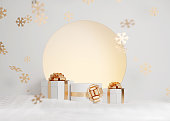 3D White podium,  Christmas background. Display stand with gold gift box. Beauty, cosmetic product presentation. Minimal pedestal showcase with snow and snowflakes. Abstract, winter, snowy  3D render