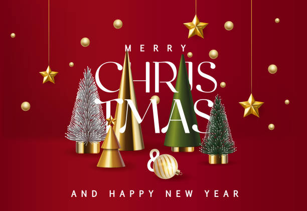 Merry Christmas and Happy New Year sale banner background with golden stars and christmas tree set. Greeting card for Xmas Holiday.Calligraphy.Vector illustration template Merry Christmas and Happy New Year sale banner background with golden stars and christmas tree set. Greeting card for Xmas Holiday.Calligraphy.Vector illustration template wallpaper decor stock illustrations