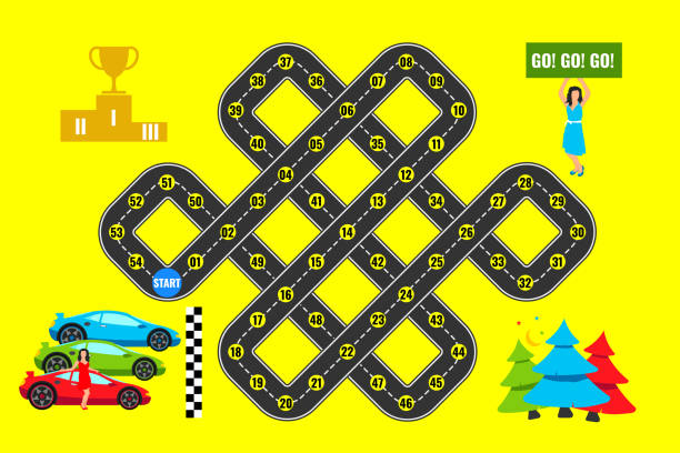 ilustraciones, imágenes clip art, dibujos animados e iconos de stock de juego de mesa coche carreras callejeras. transporte de color y carretera sobre fondo amarillo. plantilla para impresión de juegos de mesa. ilustración vectorial - car child teamwork sports race