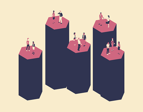 Illustration of five hexagonal silos is shown with people in isometric view, using a limited palette of three colors for a dramatic visual effect.