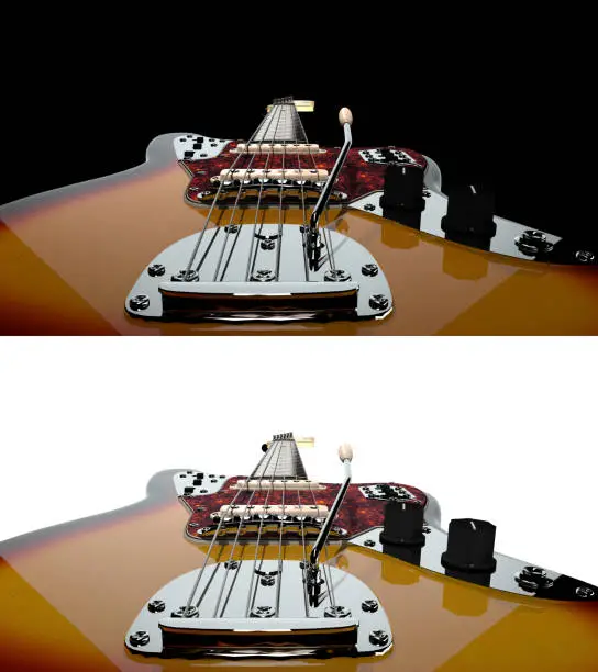 Black and brown electro guitar viewing angle from bridge saddle black and white background 3d rendering