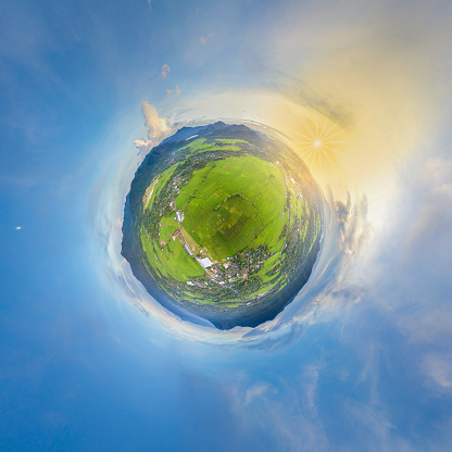 Aerial View Above Rural Rice Fields Of Chiangmai, Thailand (360 Degree Planet Spherical)