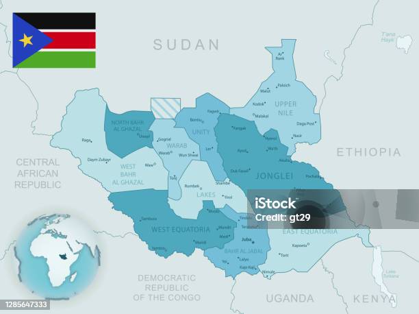 世界の国旗と場所を持つ南スーダンの行政区画の青緑色の詳細な地図。 - イラスト素材...