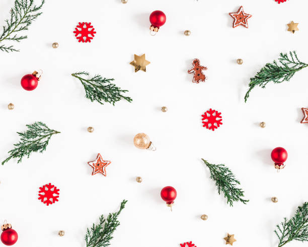 istock Christmas composition. Fir tree branches, decorations on white background. Christmas, winter, new year concept. Flat lay, top view 1285648924