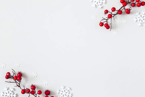 Christmas or winter composition. Snowflakes and red berries on gray background. Christmas, winter, new year concept. Flat lay, top view