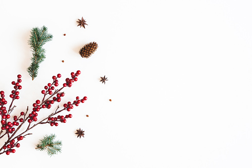 Christmas composition. Red berries, fir branches on white background. Christmas, winter, new year concept. Flat lay, top view