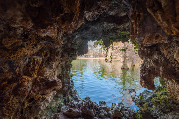 istock Small lake in Buen Retiro park seen through a cave 1285649056