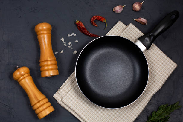 istock Food cooking background with frying pan or skillet, spices and herbs 1285649912