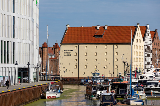 Gdansk, Poland - Sept 6, 2020: The National Maritime Museum and the marina in Gdask. Poland