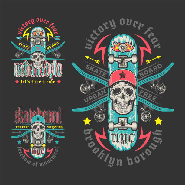 Skateboarding emblem set Skateboarding emblem set with skull and crossed skyboards. Print graphic and web design. Color vector illustration. skateboard tattoo stock illustrations