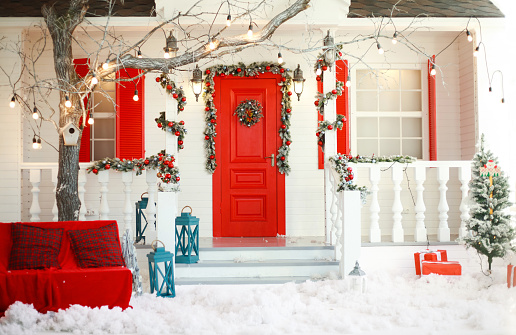 Background of christmas decorative house in new year winter traditional celebration