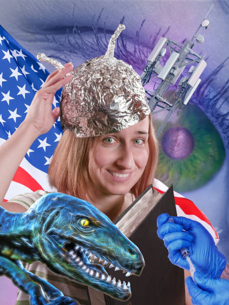 smiling funny girl in a foil hat with american flag and some conspiracy theories symbols - tin foil hat imagens e fotografias de stock