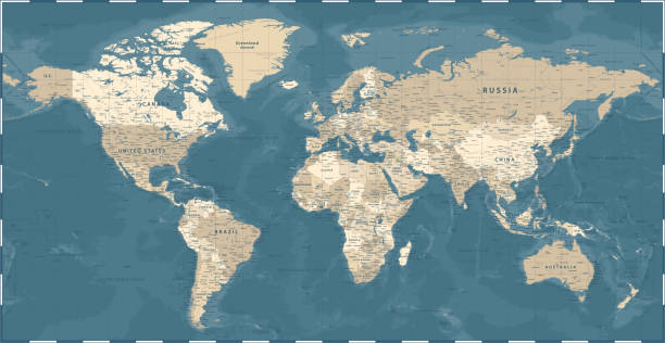 ilustrações de stock, clip art, desenhos animados e ícones de world map - vintage political - vector detailed illustration - oceano atlantico
