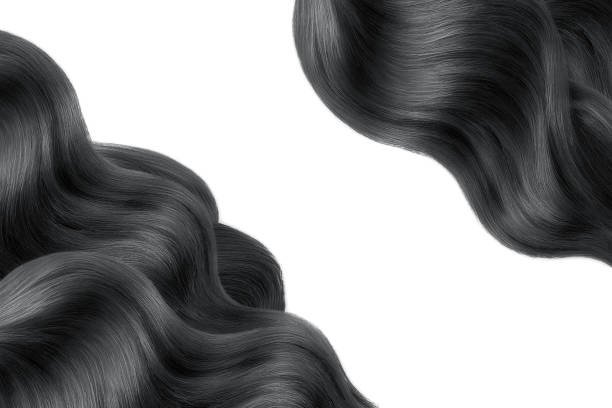 capelli neri lucidi isolati su bianco. sfondo con spazio di copia - human hair curled up hair extension isolated foto e immagini stock