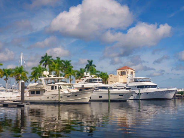 Three motor yachts in a marina along the Gulf Coast in west central Florida, USA, with digital oil-painting effect, for regional, nautical, and lifestyle motifs