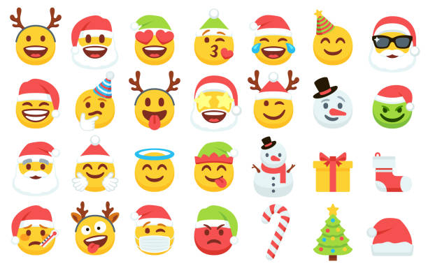 Christmas emoji icons collection Santa Claus emoticon in xmas hat, snkwman and funny yellow faces with deer antler headband. Gift box, Christmas tree and candy cane icon vector set emoji stock illustrations