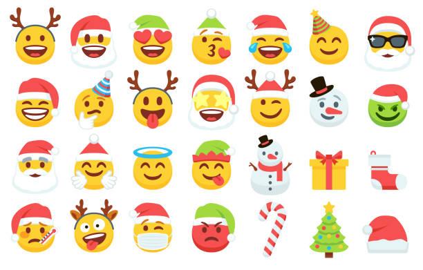 Christmas emoji icons collection Santa Claus emoticon in xmas hat, snkwman and funny yellow faces with deer antler headband. Gift box, Christmas tree and candy cane icon vector set cartoon sick face stock illustrations