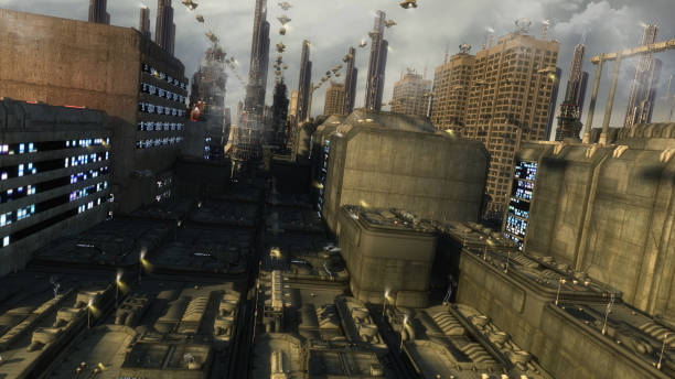 istock 3d rendering. Futuristic city and spaceships 1285662119