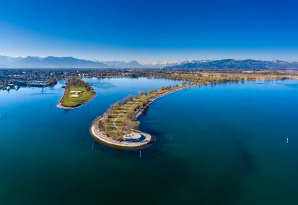 Aerial view of a peninsula Aerial view of a peninsula at the shore of Lake of Constance close to the village Hard in Austria. bregenz stock pictures, royalty-free photos & images