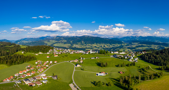 Aerial view of the small village Sulzberg in Vorarlberg, the most western state of Austria.