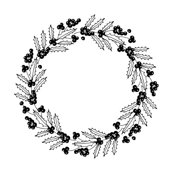 Holly berry Wreath. Cold season frame Nature border. Circle shape. Christmas wreath with branches and berries with empty space for text, photo, save date, logo, monogram. Black and white illustration Holly berry Wreath. Cold season frame Nature border. Circle shape. Christmas wreath with branches and berries with empty space for text, photo, save date, logo, monogram. Black and white illustration. black and white photo christmas cards stock illustrations