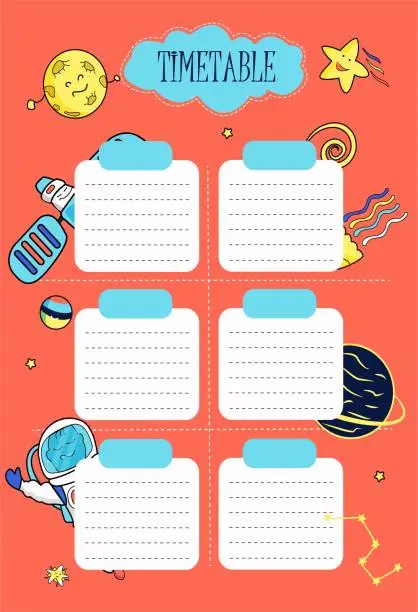 Vector illustration of school template for lesson plan,weekly planner ans To Do List with space theme in cartoon style.