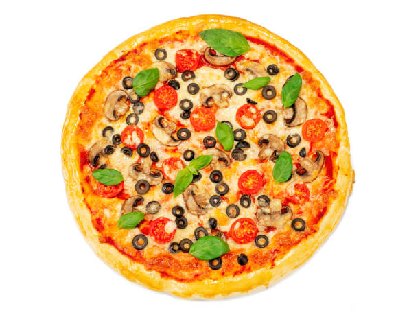istock Vegetarian pizza with mushrooms and tomato on white background. top view 1285665938