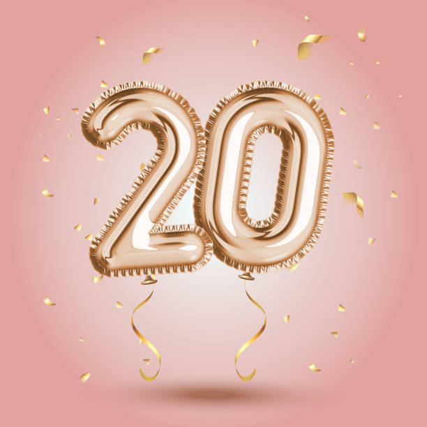 istock Elegant Pink Greeting celebration twenty years birthday Anniversary number 20 foil gold balloon. Happy birthday, congratulations poster. Golden numbers with sparkling golden confetti 1285667794