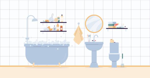 ilustraciones, imágenes clip art, dibujos animados e iconos de stock de interior de baño con accesorios para la higiene personal una ilustración vectorial - shaving equipment wash bowl bathroom razor