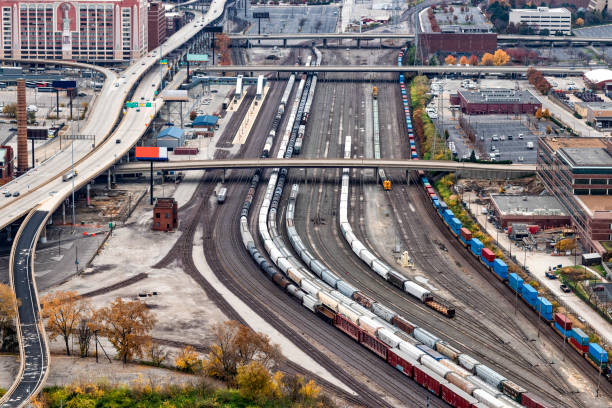 Aerial view of a large rail yard located near downtown St. Louis, Missouri from about 800 feet up.